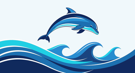 Stylized blue dolphin jumping over ocean waves graphic © setok
