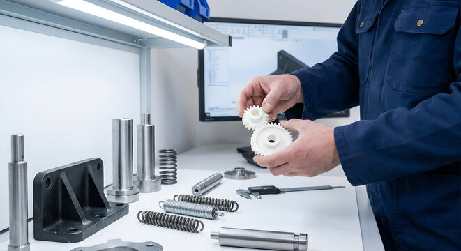 Close-up of a technician in a blue uniform inspecting two meshing white plastic gears at a brightly lit workbench covered with metal machine parts, springs, and a digital caliper
