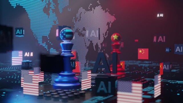 Global AI Artificial Intelligence Strategy, USA and China Chess Pieces on Digital Technology Background