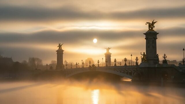 Ethereal morning mist over a grand stone bridge with golden statues at dawn