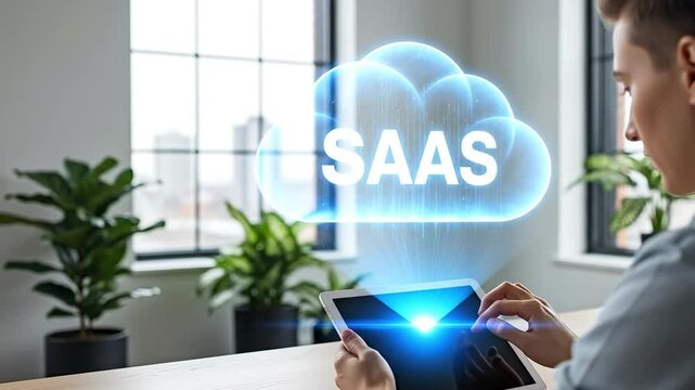 Young male entrepreneur managing cloud-based SaaS software on tablet in modern home office