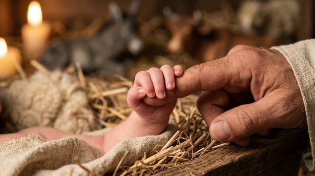 Baby Jesus in manger holding finger of adult hand with animals and candles
