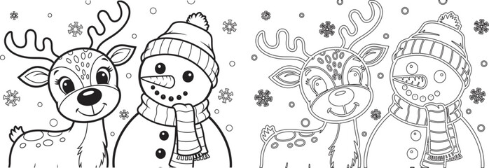 Winter wonderland scene with reindeer and snowman coloring page © Mahmud