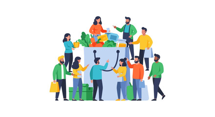Fototapeta premium Collaborative Community Shopping Illustration: Diverse Group Fills Large Retail Bag with Groceries & Consumer Goods
