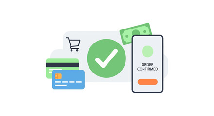 Online Order Confirmed: Mobile Payment Success, E-commerce Transaction, Credit Cards & Shopping Cart Illustration