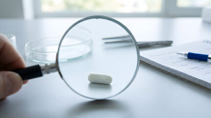 Fototapeta premium Hand holding a magnifying glass over a white capsule pill on a laboratory desk with petri dishes
