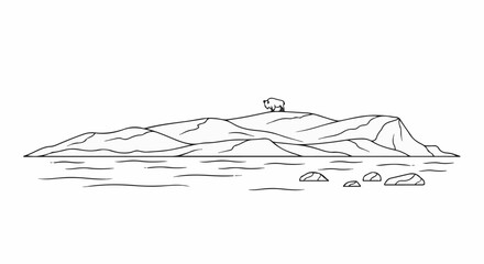 Minimalist line art of a buffalo on a grassy hill overlooking water