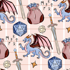 Cotton fabric Fantasy Tabletop RPG Adventure with Blue Dragon and D20 Dice Watercolor Seamless Pattern for Fabric and Home Decor