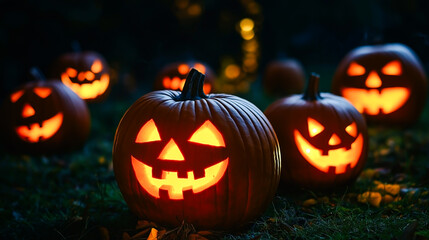 Glowing Halloween Jack O Lantern Pumpkins at Night with Spooky Atmosphere
