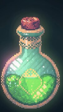 Vertical video: Heart gem glowing making pulsing pixel bottle in dark studio, showing green sparks