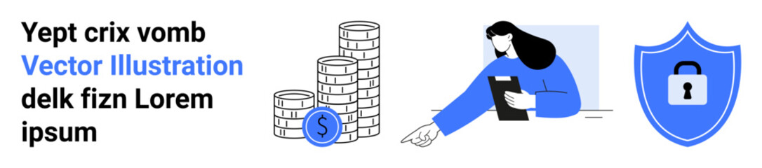 Finance, digital security, wealth management, compliance, transaction safety, data ethics. Stack of coins, shield with lock woman analyzing data. Finance and digital security concept