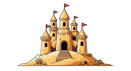 A detailed illustration of a sandcastle with multiple towers and flags © Naksha