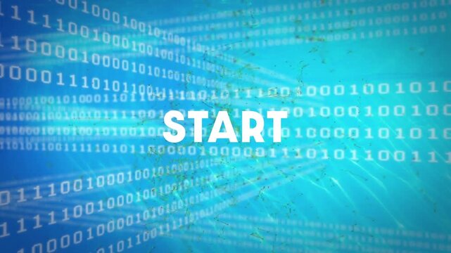 Animation of start text banner and network of connections over binary coding against blue background