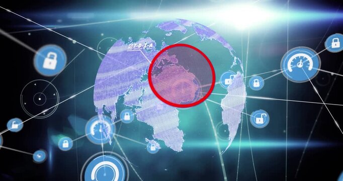 Animation of connected icons over missile around globe against lens flares on black background