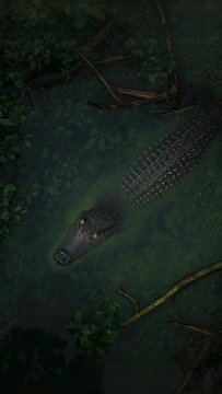 Vertical video: Gliding big croc lifting head after light glint in dim swamp, ripples amid leaves