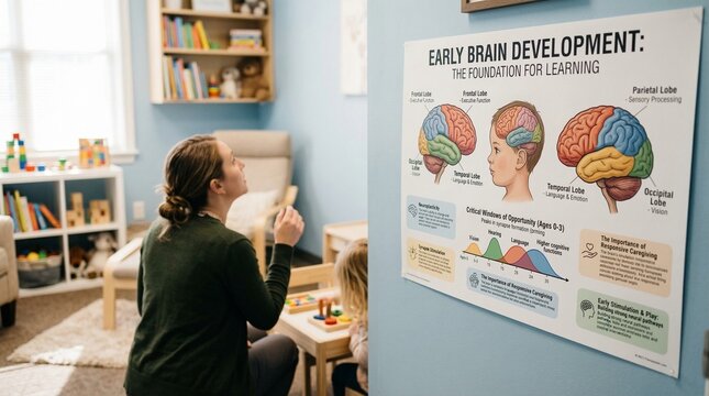 Woman observing early brain development poster in educational space  