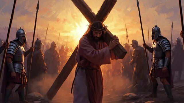 Cinematic digital painting of Jesus Christ carrying the cross for Lenten devotion