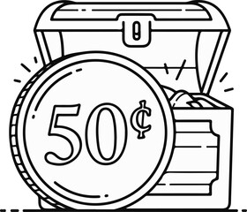 Open treasure chest overflowing with coins, a large fifty-cent coin prominent © Yahya