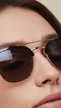 Vertical video: Tilting model as light shifts, adjusting gold frames in studio, revealing eye