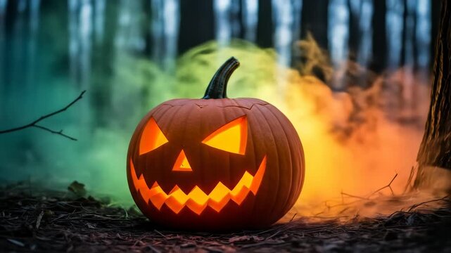 A jack-o-lantern with a glowing face sits on the forest floor surrounded by smoke