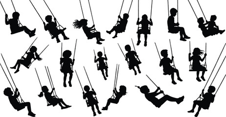 Children Swing Silhouettes Collection in Different Playing Poses, Black Kids on Playground Swing Set Isolated for Childhood Activity Design