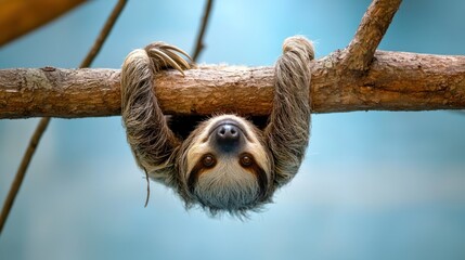 Fototapeta premium A sloth hanging from a tree branch with its arms and legs wrapped around the branch.
