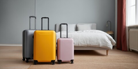 Three colorful suitcases in bedroom with bed and window