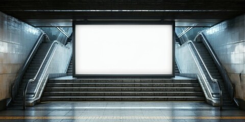 Fototapeta premium Subway station interior features blank billboard, escalators, steps. Dark tunnel creates dramatic lighting, modern architecture.