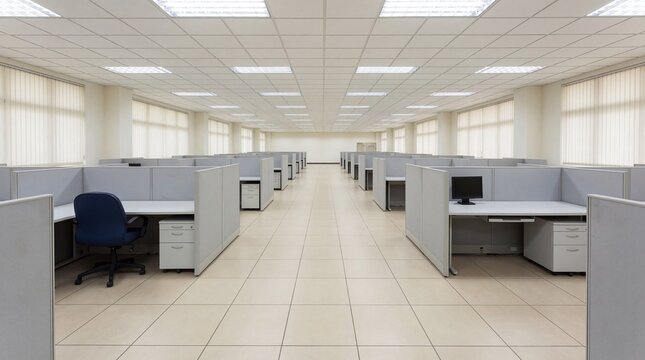 Modern office cubicle workspace with computers and chairs in rows