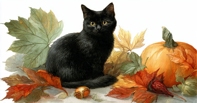 Black and white cat sitting beside a pumpkin looking curious