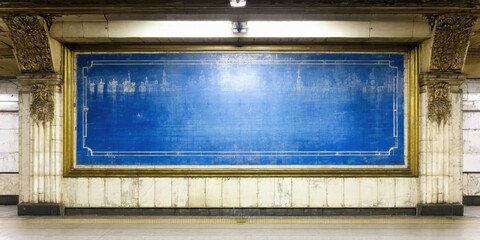Fototapeta premium Subway station interior features ornate wall, blue tile mosaic, dim lighting. Platform extends into darkness. Simple, symmetrical composition.