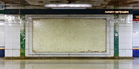 Fototapeta premium Subway station interior. Empty billboard dominates space. Tiles cover walls, floor reflects light. Dim illumination creates somber mood.