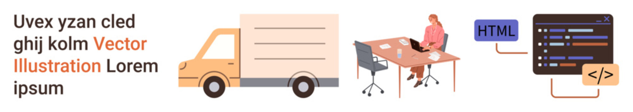 Logistics, coding education, remote work, delivery services, online learning, programming concepts. A delivery truck, person at a desk and coding interface. Logistics and coding education