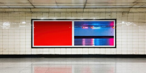 Fototapeta premium Subway tunnel features contrasting red, blue display. Tile walls, glossy floor create symmetrical composition. Minimalist aesthetic.