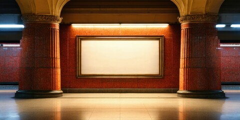 Fototapeta premium Subway station interior features blank billboard between ornate columns. Warm lighting highlights red patterned wall, tiled floor. Dark ambiance.