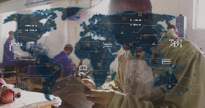 Craftsman marking board in garment workshop, initiating blue world map overlay with network icons