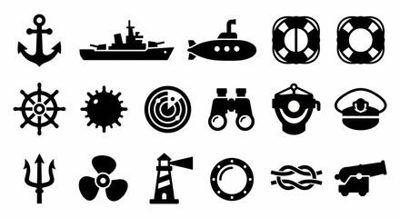 Solid black icons for naval warfare and maritime defense. Anchors, submarines, and naval equipment collection. Vector illustration for maritime apps, navy history blogs, and strategic naval games. Bla © VectorGomes