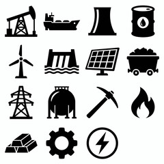 Solid black icons for energy resources and industrial power. Oil derricks, nuclear towers, and renewable energy collection. Vector illustration for economic dashboards, industrial branding, and strate