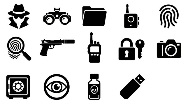 Solid black icons for espionage and covert operations. Night vision, secret files, and surveillance tools collection. Vector illustration for spy-themed games, cybersecurity blogs, and intelligence ag