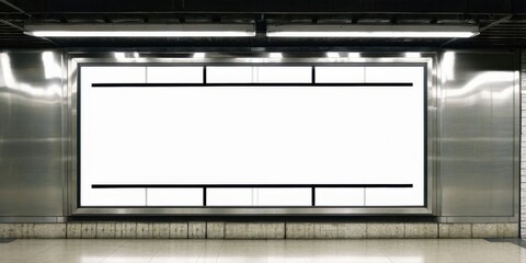 Fototapeta premium Subway station interior features large blank billboard. Metal walls, tiled floor, dim lighting create stark contrast. Empty space dominates scene.