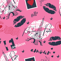 Fashion seamless pattern. Bonjour Paris. pattern with original calligraphic fonts, sketch Eiffel Tower and heart. for  fashion clothes, t shirt, child, wrapping paper. Creative girlish design   © SokolArtStudio