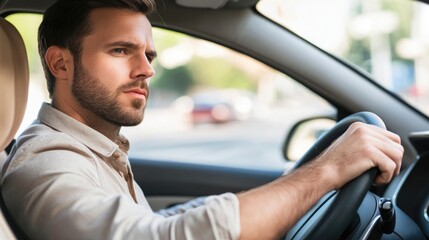 Portrait of a serious man driving a car with a beige interior, focused on the road