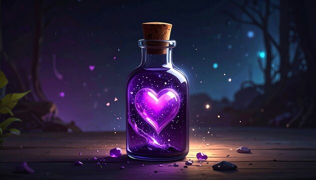 Purple potion in a bottle with a heart shape inside on a wooden surface
