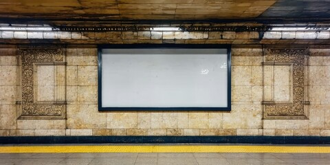 Fototapeta premium Subway station interior. Blank billboard centered on ornate tiled wall. Yellow tactile paving indicates platform edge. Dark tunnel ambiance.