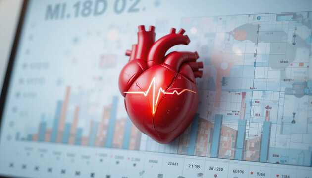 Heart health symbol with ECG line on a background of medical data charts and BMI information