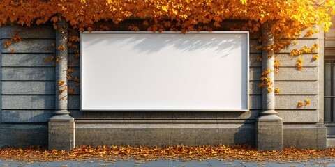 Naklejka premium Exterior building facade. Blank billboard framed by columns, covered with autumn foliage. Leaves scattered on ground below. Sunlight creates shadows.