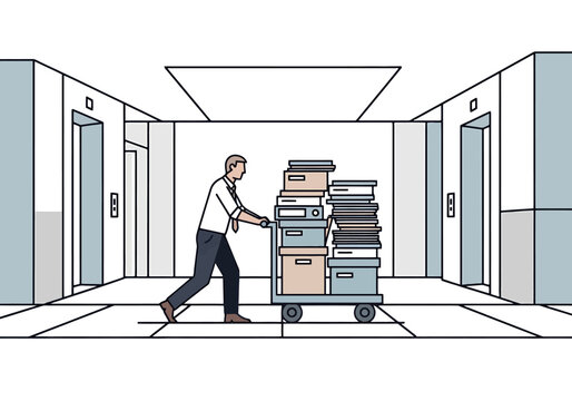 Office worker pushes full trolley stacked with document boxes and files down a modern hallway with elevators and office doors