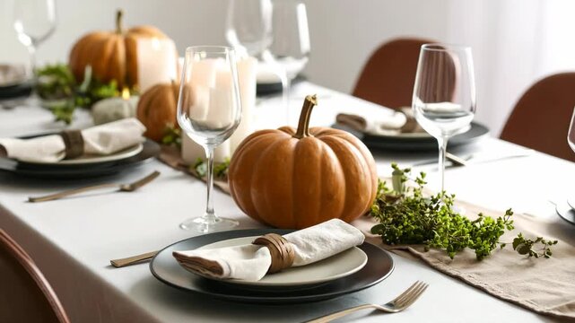 Elegant Thanksgiving dinner table setting with orange pumpkins white candles and stylish ceramic plates