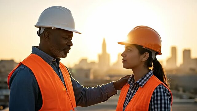 Black male mentor and South Asian female engineer discussing urban construction project at sunset