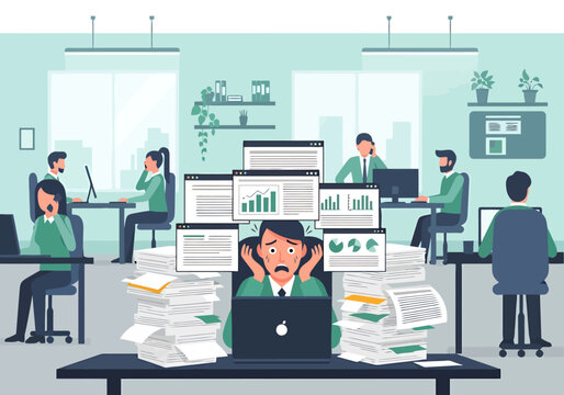 Overwhelmed office worker with stacks of documents and digital screens showing data charts during busy workday deadlines pressure workload stress
